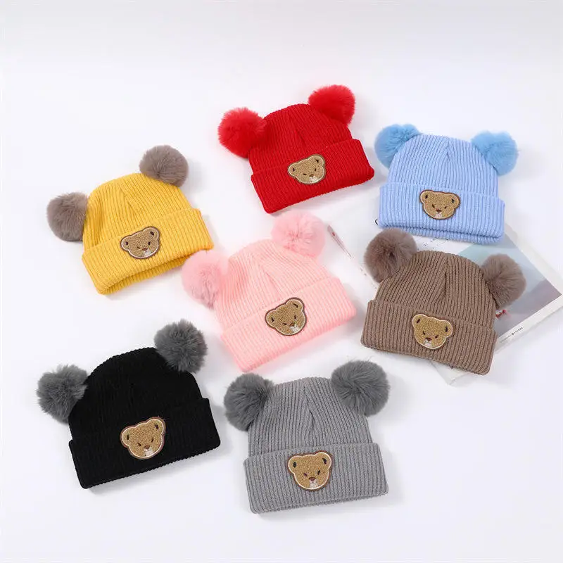 Wholesale Cute Baby Hats Bear Ear Children Knitted Hat Acrylic Fibres Warm Winter Beanie Outdoor Kids Headwear