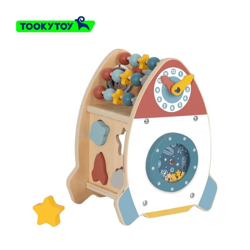 Wooden Rocket Shape Busy Cube Activities Montessori Educational Toy Bead Maze Matching Game for Kids