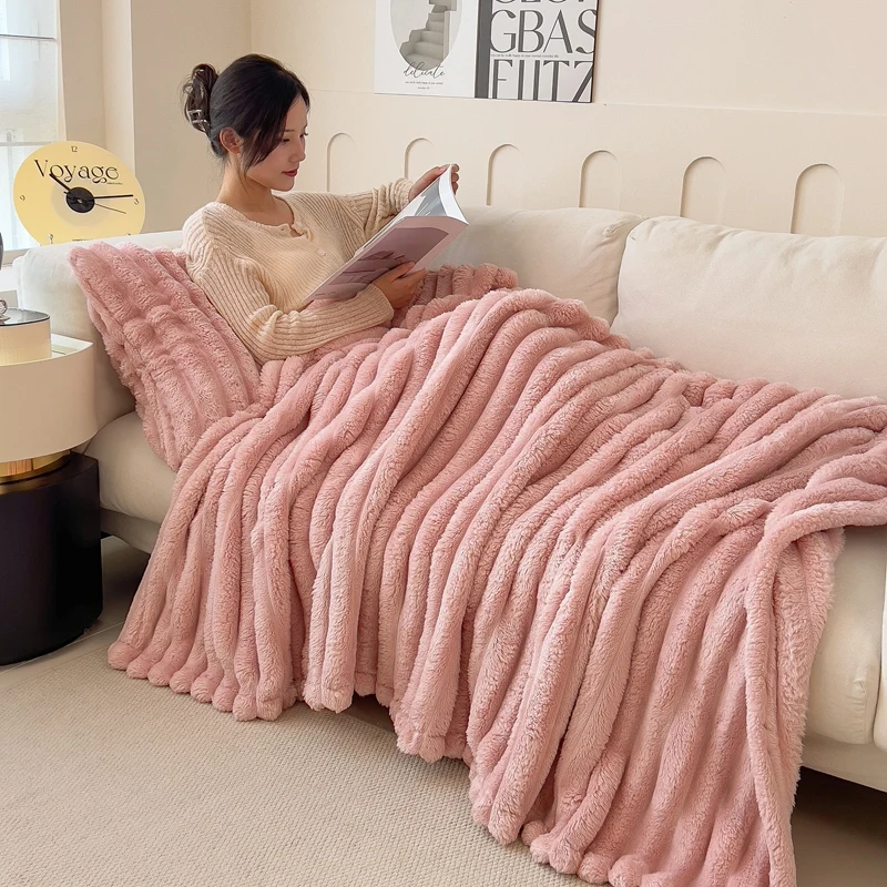 Wholesale luxury faux double layer reversible colorful weighted adult angora fur striped flannel fleece throw blanket
