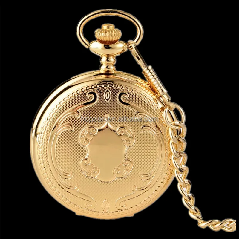 WAH620 Shield Pocket Watches Gold Color Full Hunter Retro Fob Watch