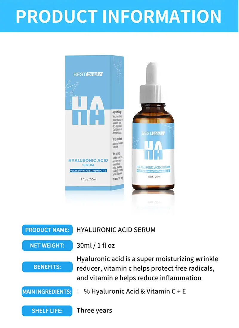 Private Label Face Anti-wrinkle Skincare Vegan Facial Hyaluronic Acid Serum With Vitamin C Serum Hyaluronic Acid For Face