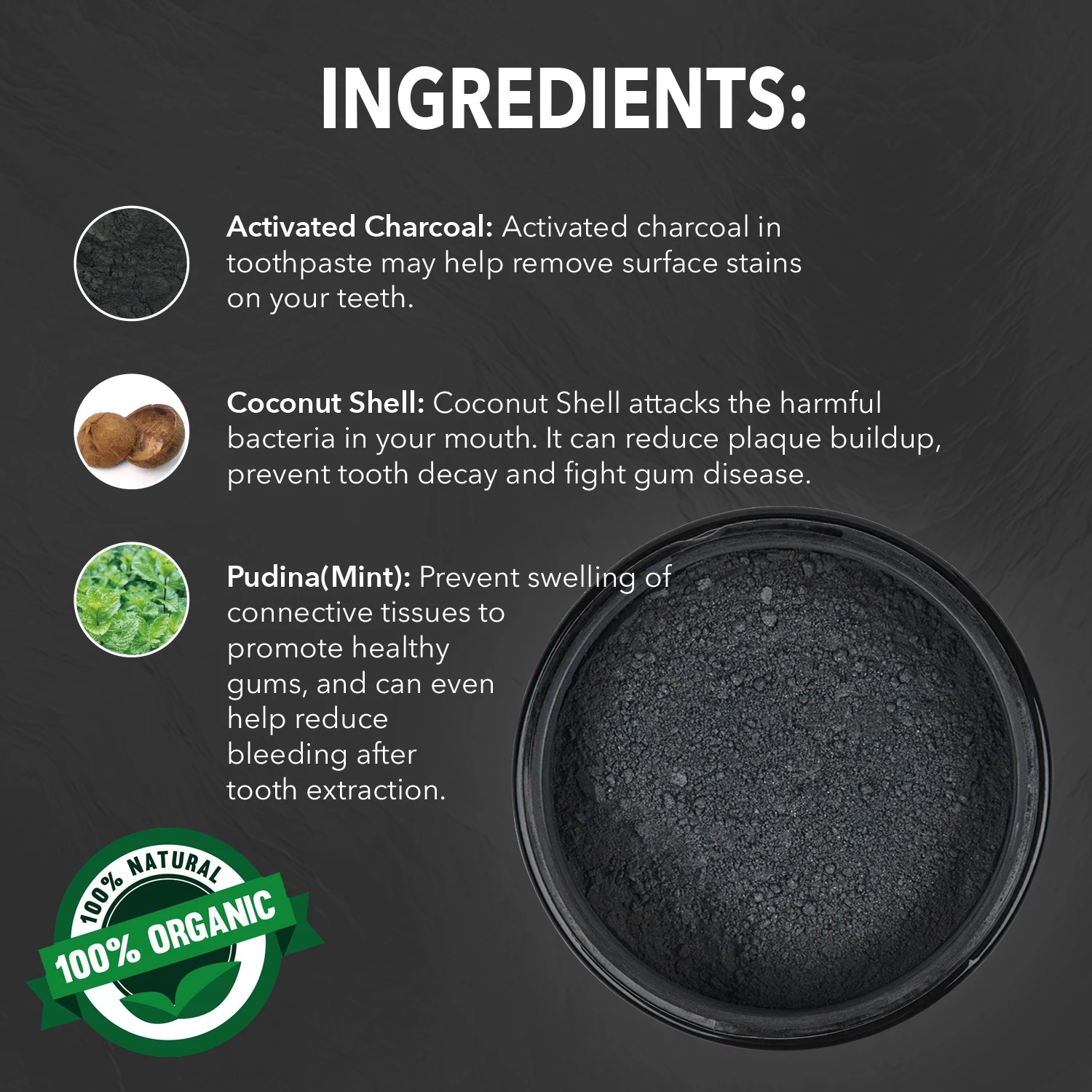 100% Natural Organic Activated Coconut Shell Charcoal Teeth Whitening Bleaching Tooth Powder