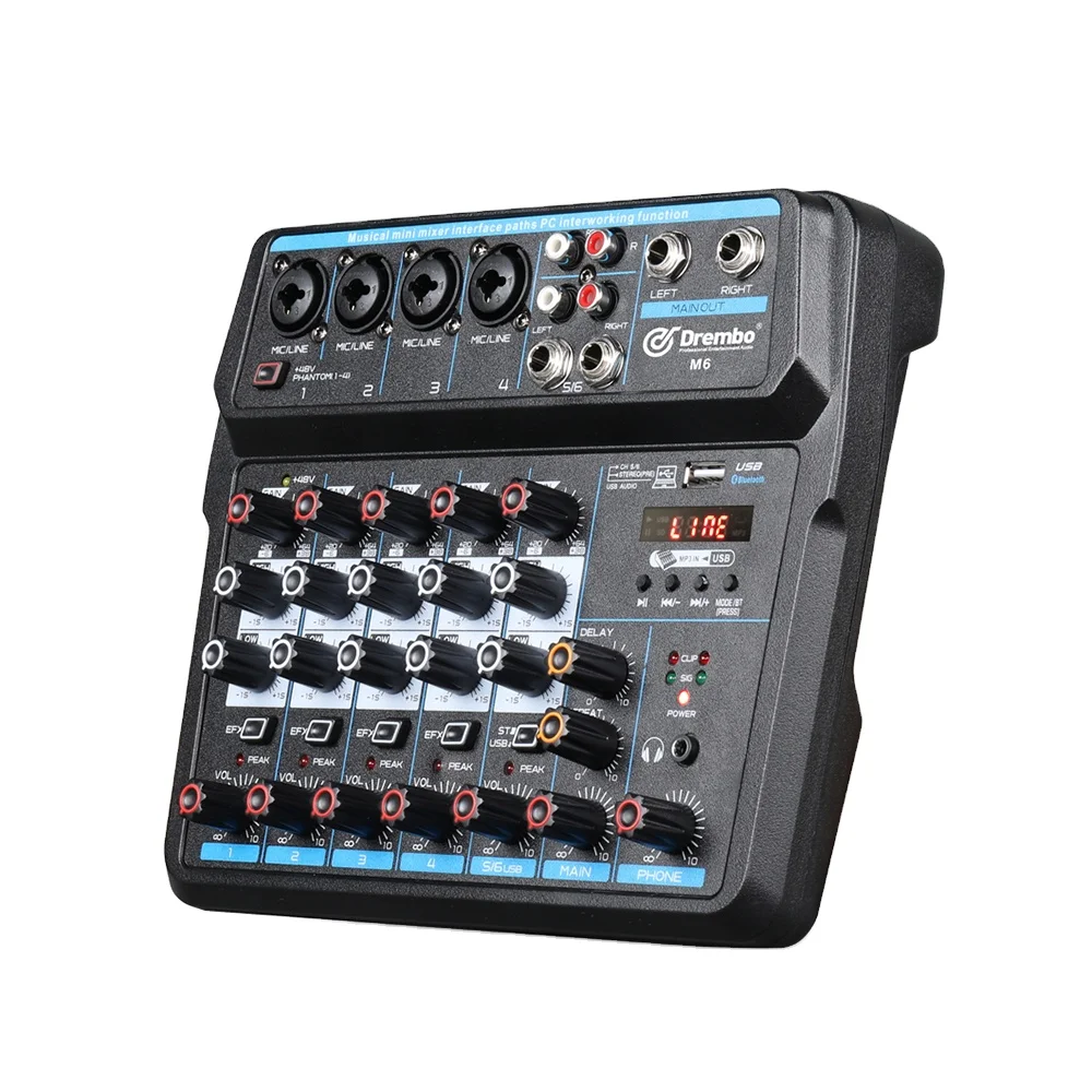 Debra Audio M6 6Channel Portable audio mixer DJ console belt BT4.0 REVERB 48V for Outdoor Band MixingPC Recording Karaoke