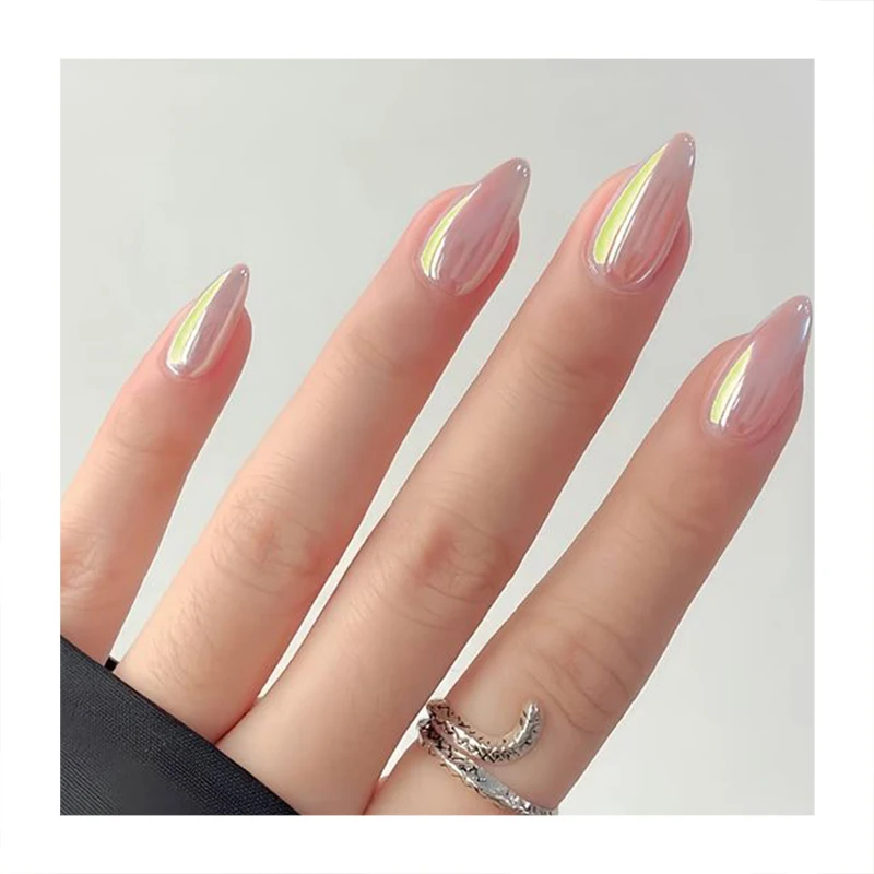 New Technology Private Label 24Pcs Chrome Long Almond False Nails Press On Designed Pink Handmade French Gel Press On Nails