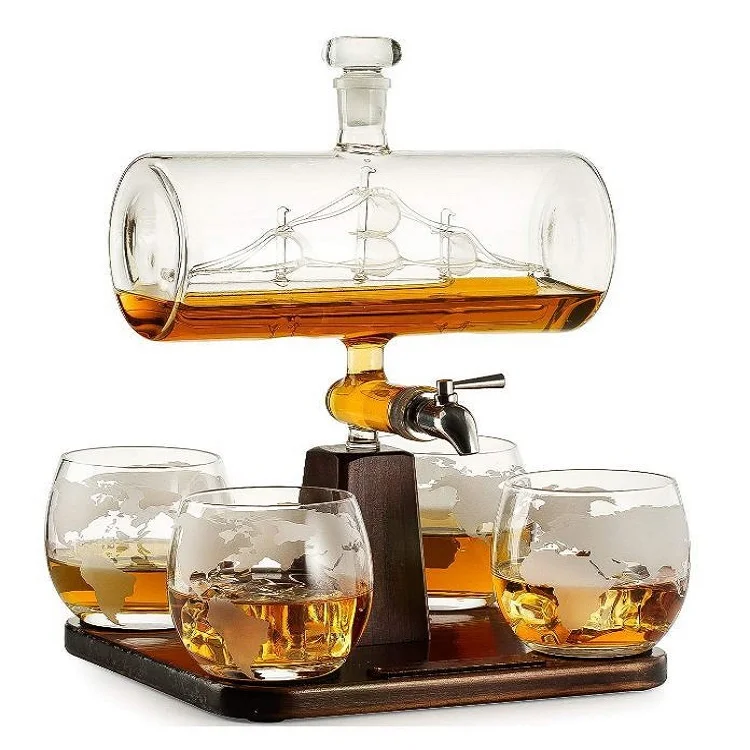1.0L Ship shaped Decanter set Wine glass bottle set with  frame glass wine decanter