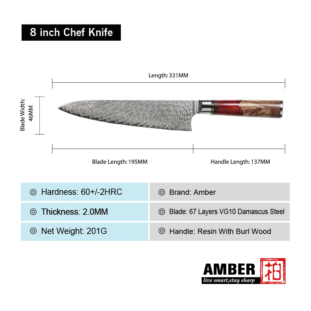 9 pcs 67 layers damascus steel kitchen knife set with Resin with Stabilized Wood Handle