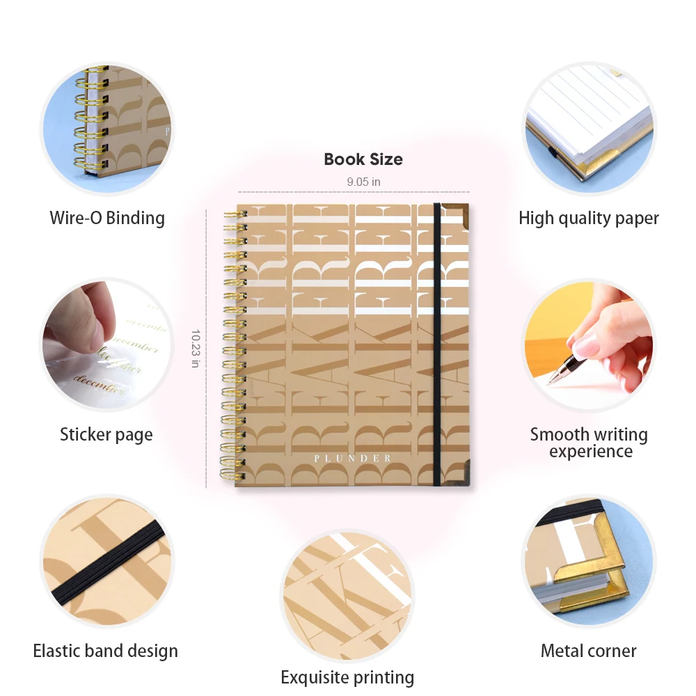 New design custom logo notebook Golden foiled  diary planner  binder  hardcover pocket a5 a4 spiral notebook factory