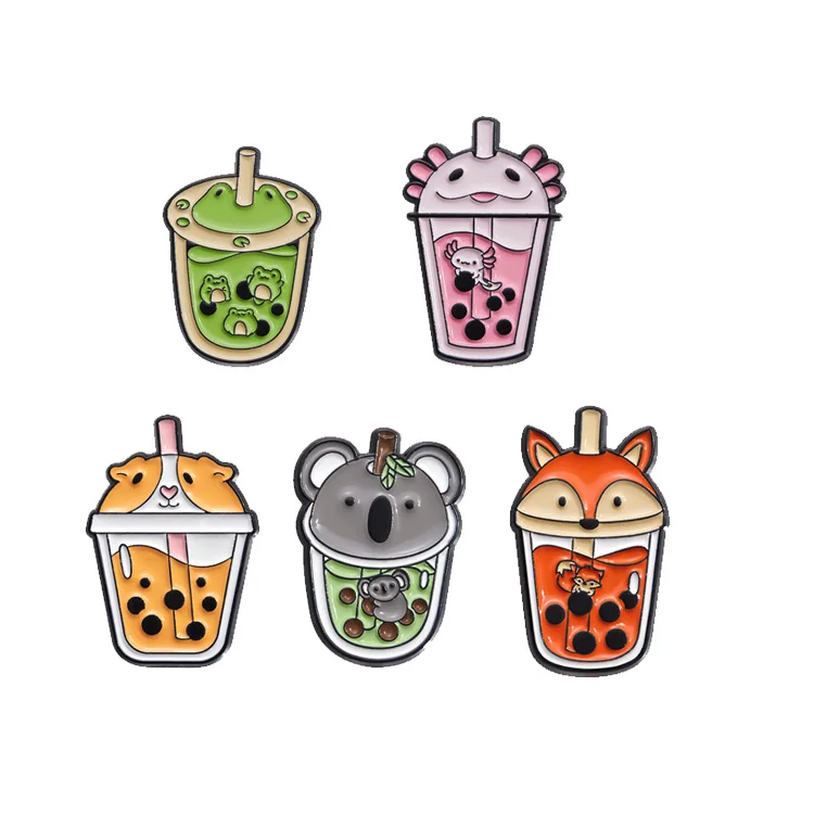 Customize Logo Cartoon Frog Fox Capybara Badge Cute Decoration Summer Drink Pearl Milk Tea Cup Brooch Enamel Lapel Pin