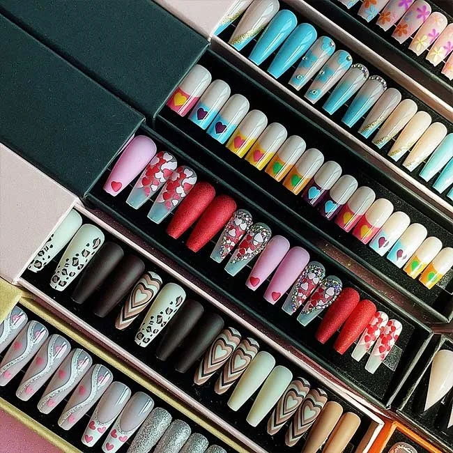 Naixi Free Samples Hot designNails Press on Long Ballerina Acrylic Nails Diamond Luxury Medium Coffin French 24pcs/Box Blind Box