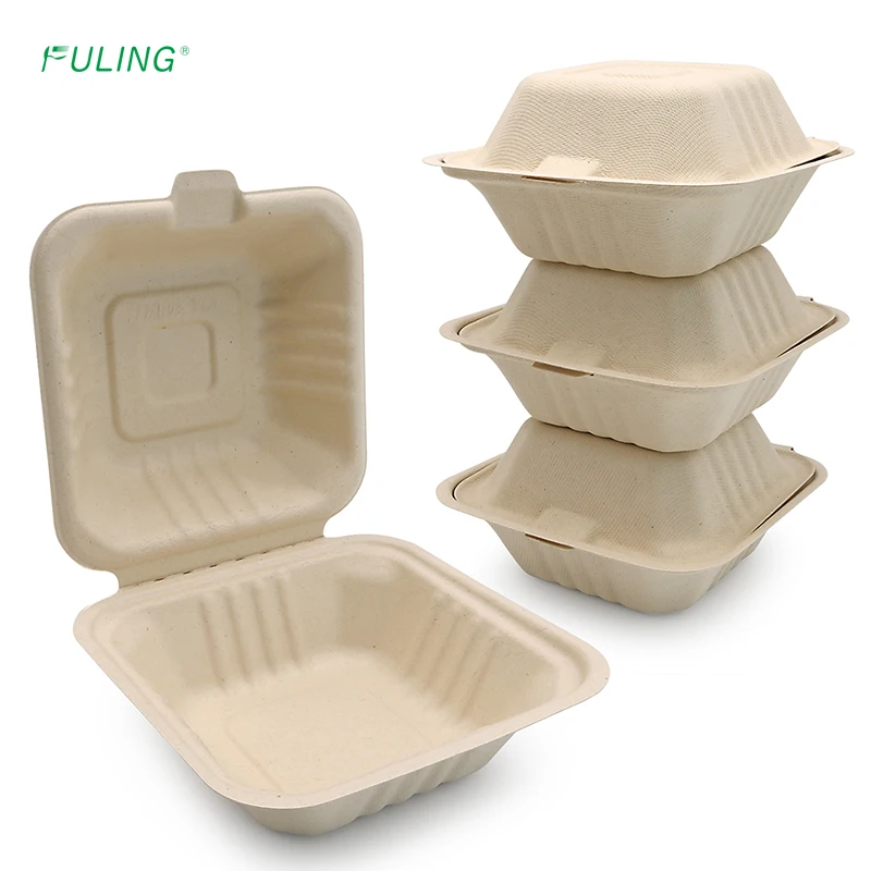 FULING Thick & Sturdy Sugarcane Bagasse Biodegradable 6 Inch Clamshell To Go Burger Box Packaging Custom Paper