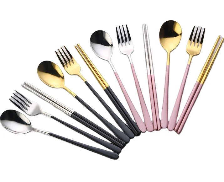 Portable Portugal Colored Handle Stainless Steel 304 Pink Gold Cutlery Flatware Set With Box for travel Picnic