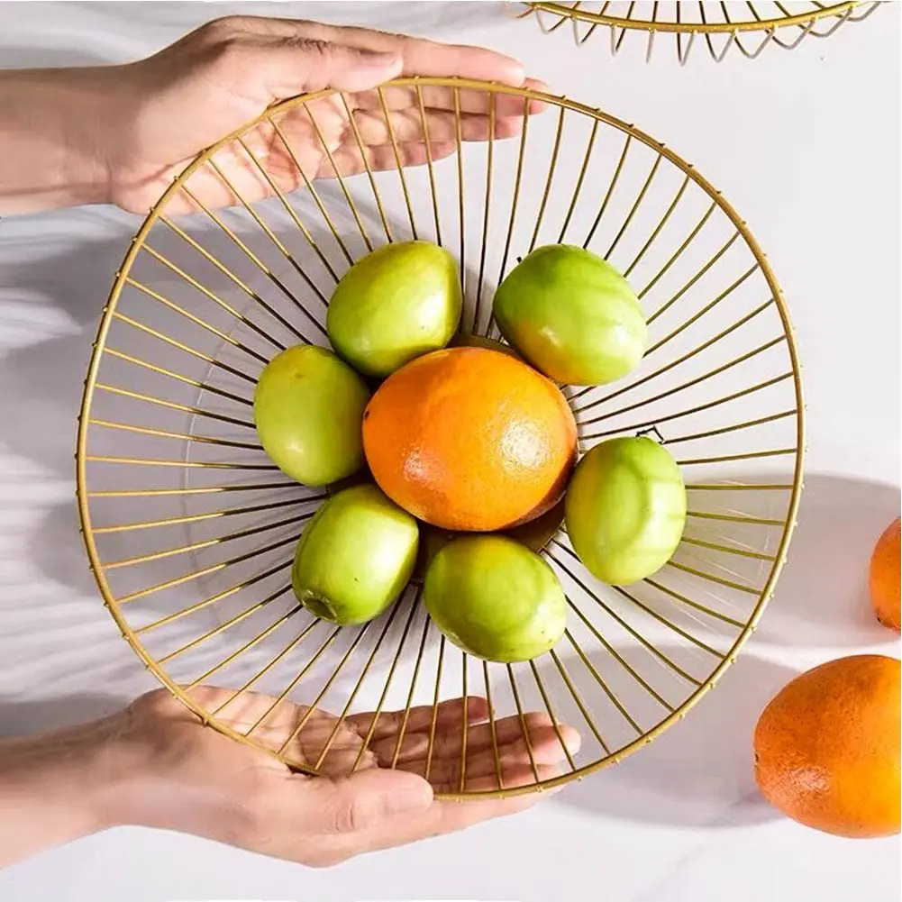 Fruit Basket Creative Geometry Countertop Iron Gold Plated Black Vegetable Mesh Metal Bowl Kitchen Storage Wire Fruit Basket