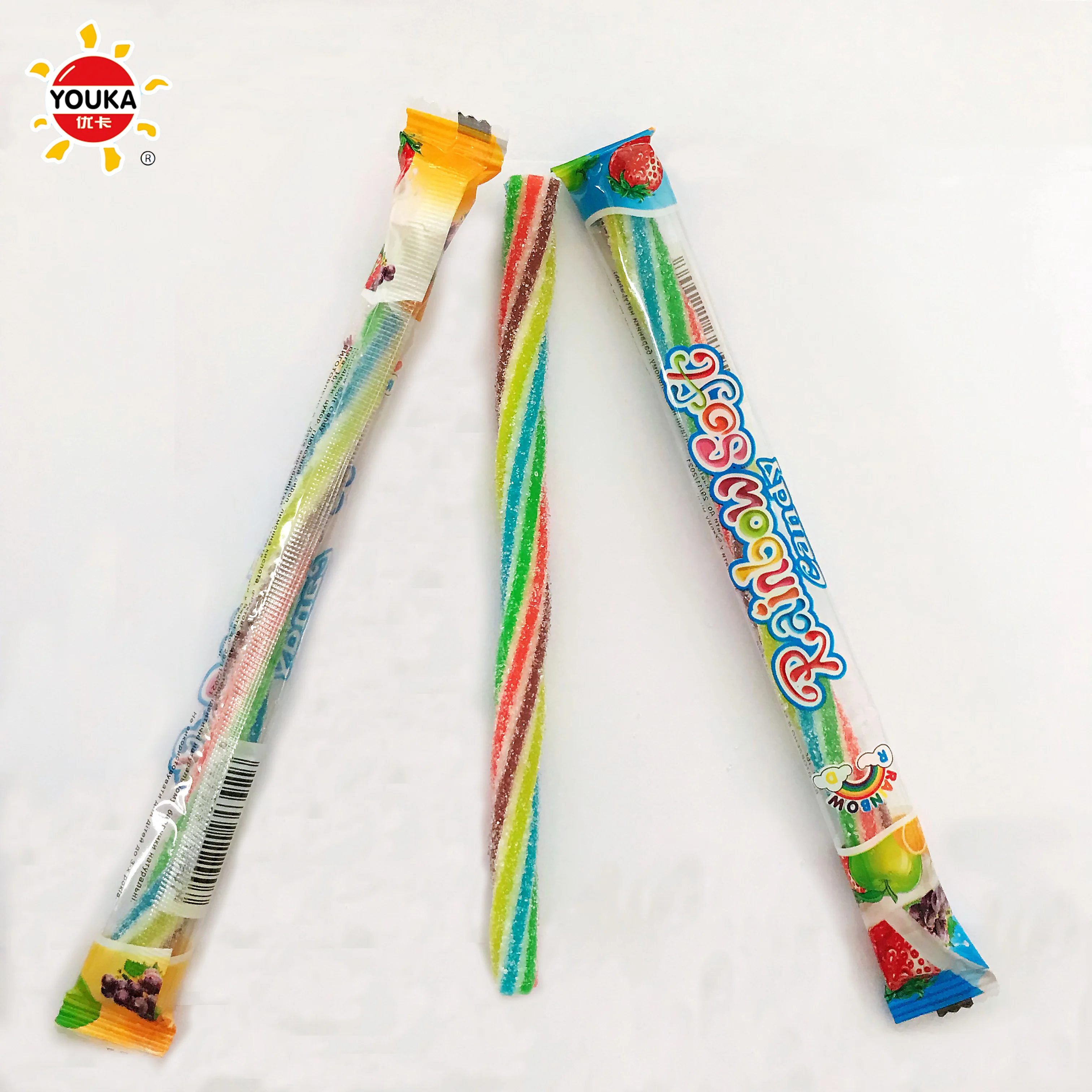 
16g Twisted Rainbow Soft Gummy Candy Jam or Powder Filling Liquorice Stick 