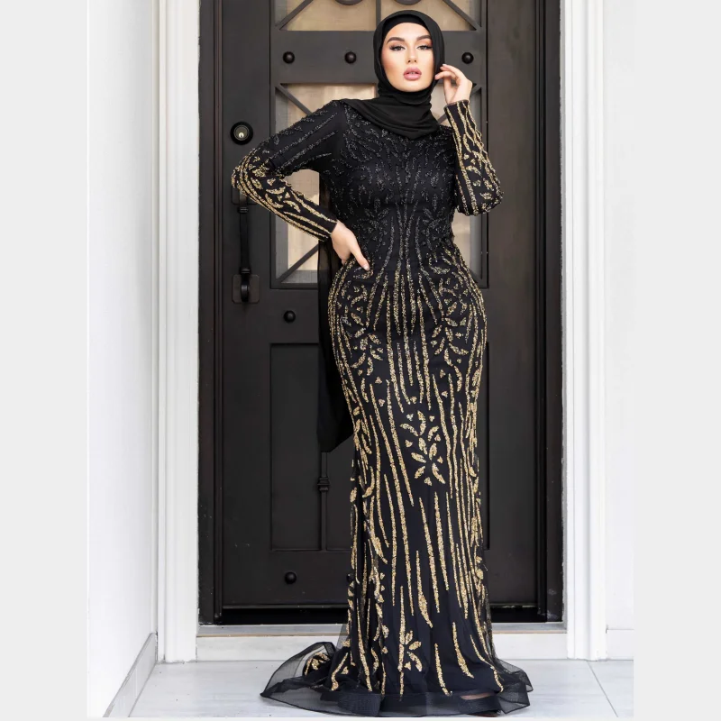 SIPO Crew Neck  Centre Back Zip Abaya Long Fitted Sleeves Dubai Mesh Fabric Muslim Women Abaya Dress