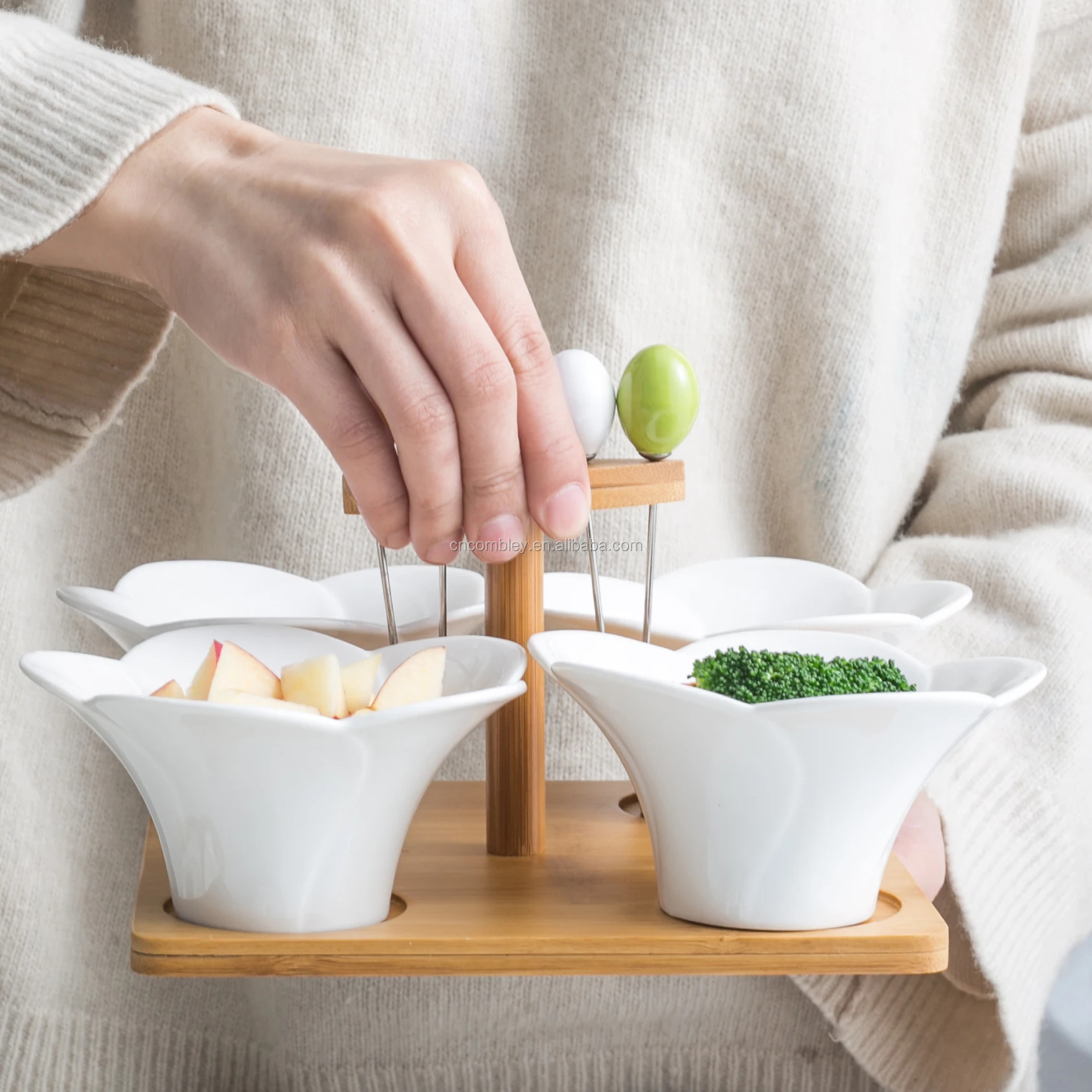 Eco-friendly tableware food grade porcelain snack bowls with bamboo handle and food picks ceramic dry nut fruit plate