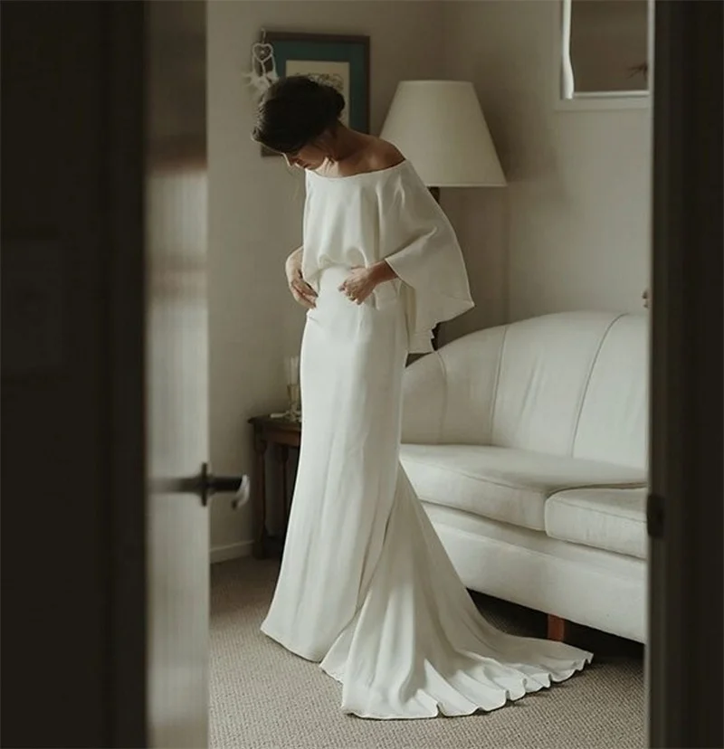 1213#100% Real Photo Simple Off-Shoulder Strapless Backless Soft Satin Sweep Train Simple Bridal Gown Bride Wedding Dress