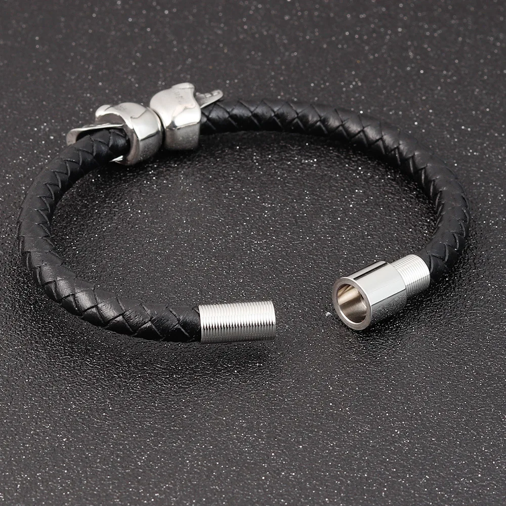2021 Fashion Silver Stainless Steel Jewellery Skull Bracelet Natual Leather For Men Wholesale