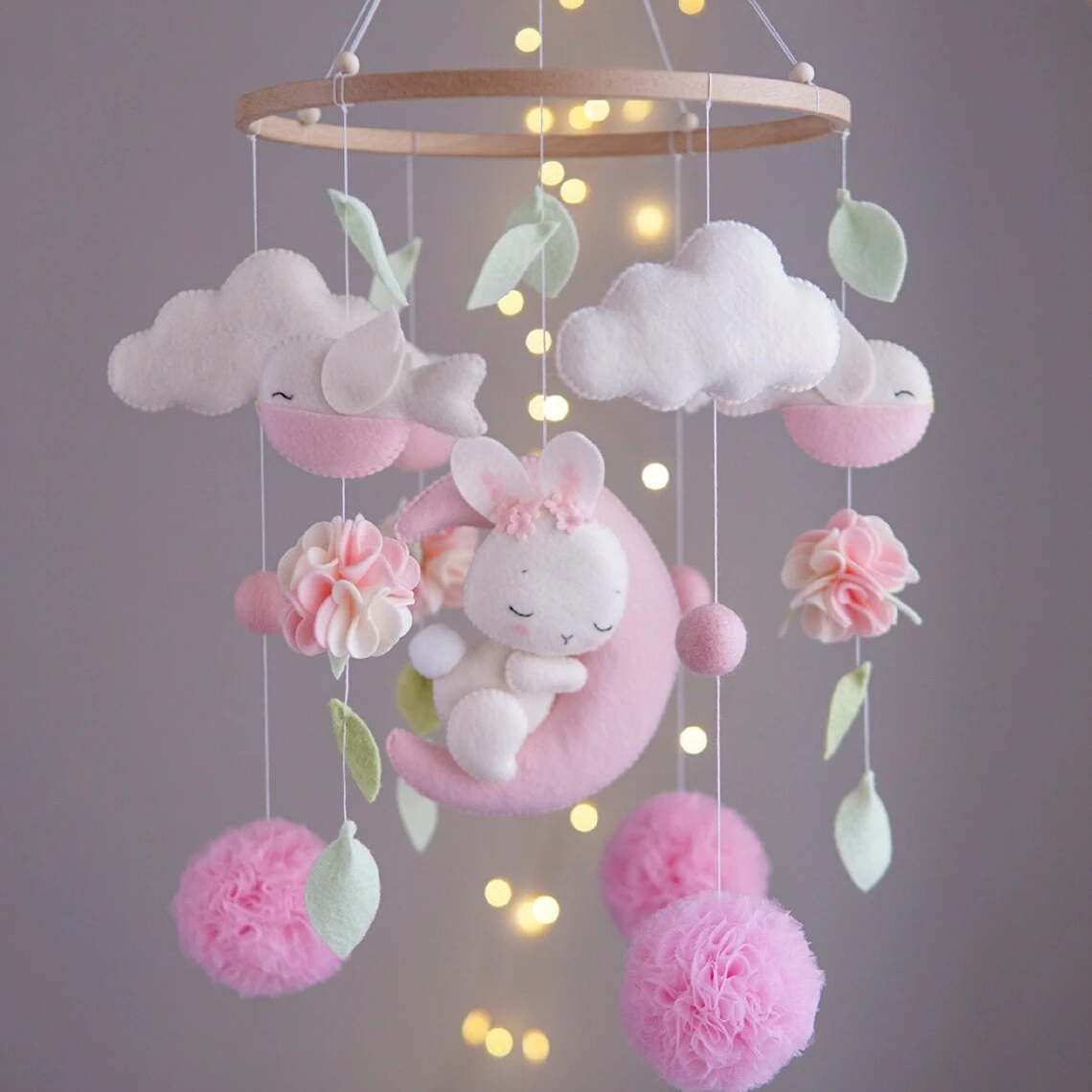 neutral portable bed bell nursery hanging toy animals stuffed bunny pink girl fairy felt cot baby mobile