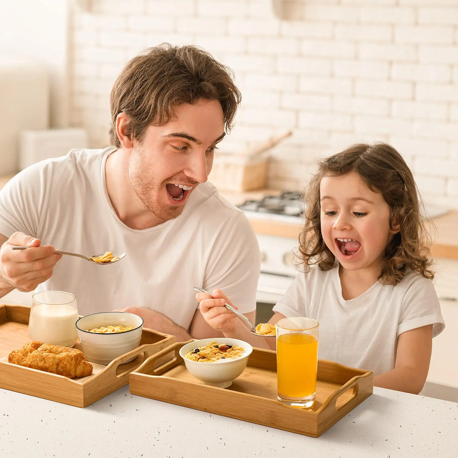Factory Bamboo Serving Wooden Tray with Handle for Breakfast Afternoon Tea Bathroom Tray
