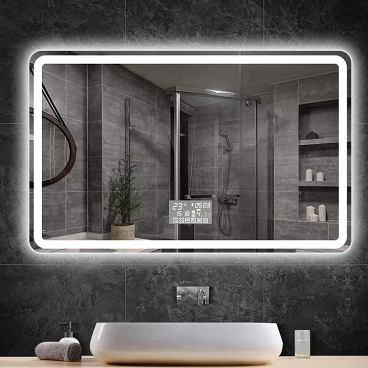 Modern style waterproof time display touch switch screen rectangle wall mounted smart bathroom mirror with led light