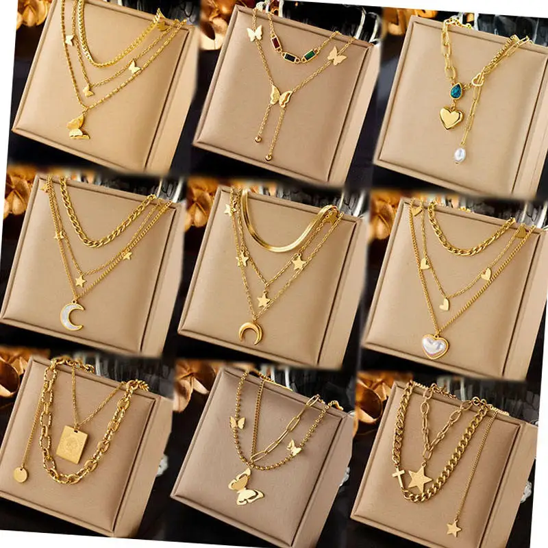 Trendy Jewelry Cuban Chain Multilayer Overlay Stainless Steel Butterfly Pearl Tassel Necklace For Women