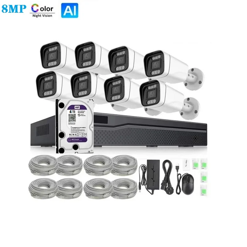 4K CAMERA Kit CCTV IP POE 8 Camera 4TB Memory H265 NVR Color Waterproof IP66 8MP Camera Kit