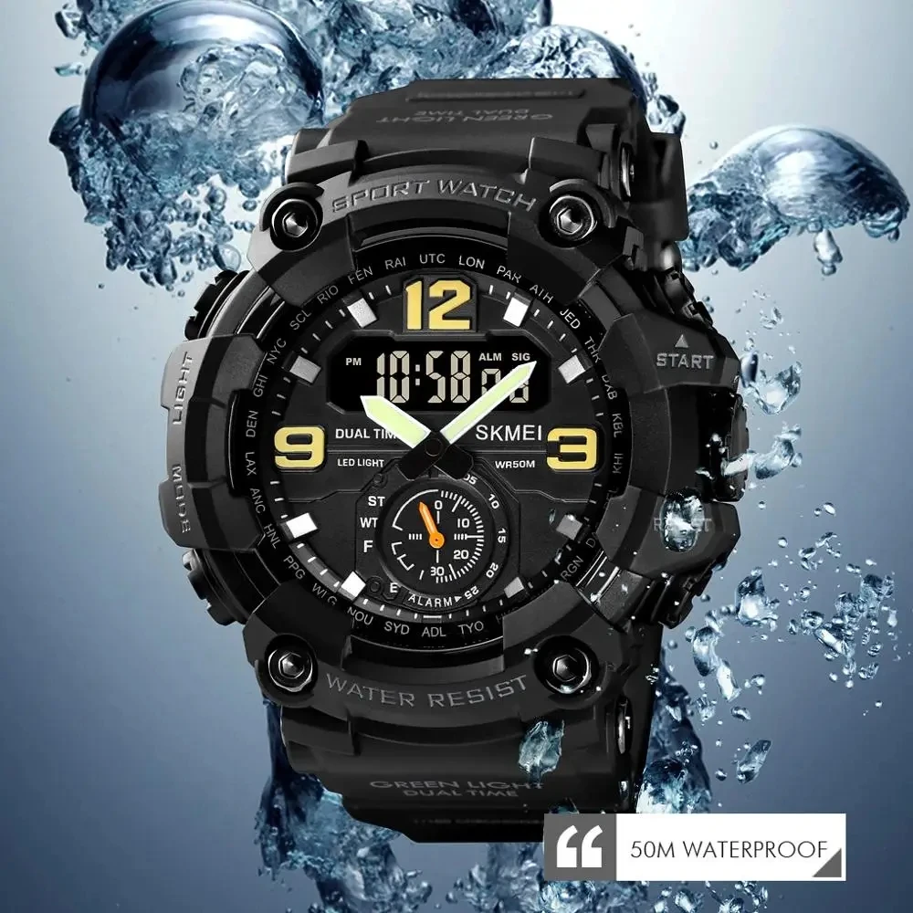SKMEI 1637 Outdoor Military Men Watches Camouflage PU Waterproof Wristwatches Casual Sport Style Digital Dual Display Male Clock