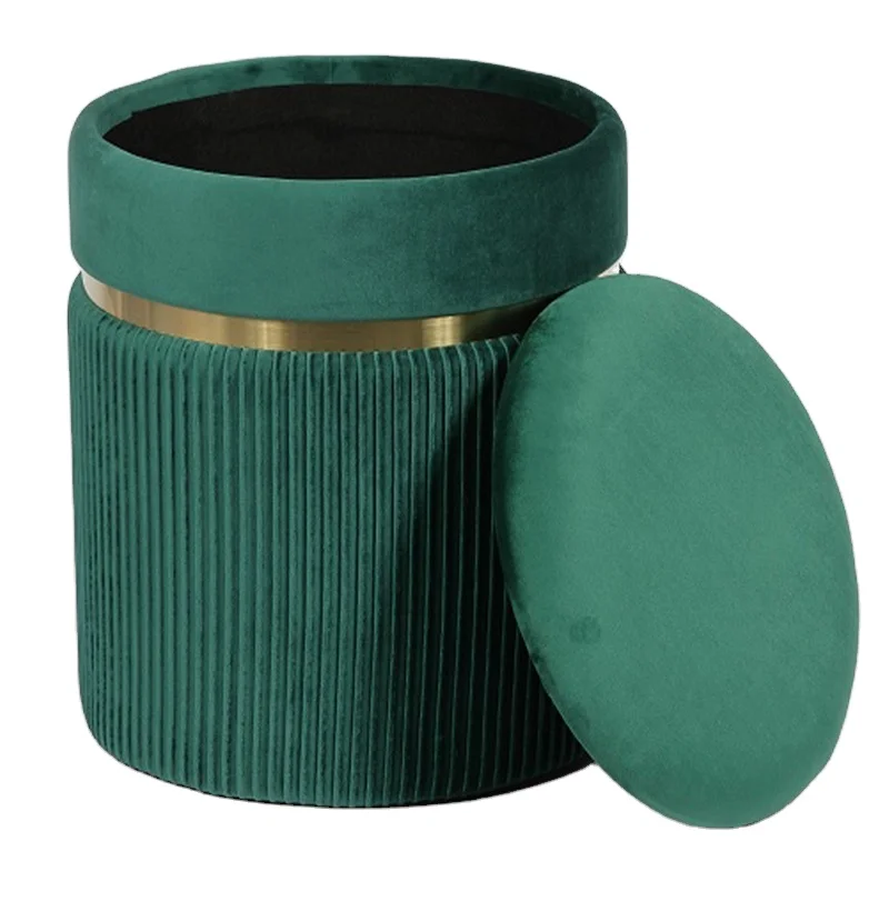 Wholesale Modern Furniture Living Room Foot Stool Pink Velvet Round Pouf Ottoman with Storage Removable Cover