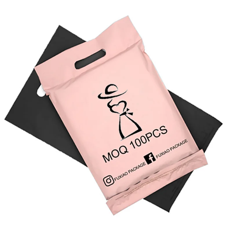 custom printed design pink pape  with handle plastic mail clothes packaging bag with tear strip courier mailing delivery bags