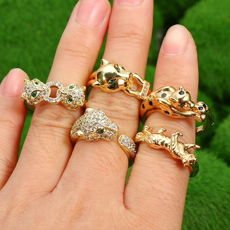 Real 18k Gold Plated Crystal CZ Animal Leopard Open Rings Adjustable Micro Pave Cubic Zirconia Cheetah Finger Ring for men