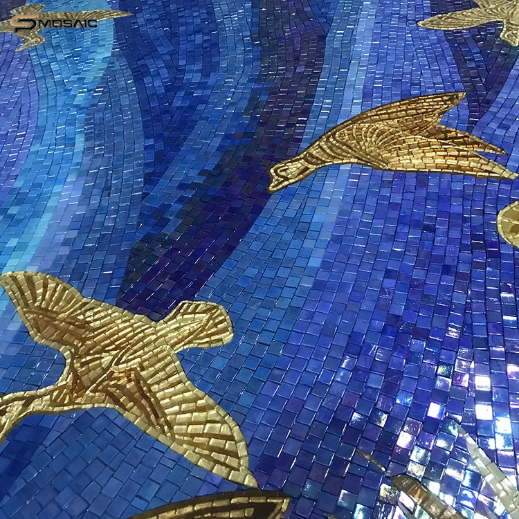 Blue pattern colorful mosaic tile vivid gold birds wheat wall art murale design customized big size floor decoration mosaic tile