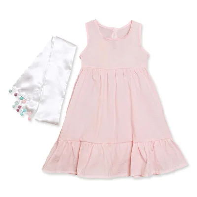 
Everweekend Sweet Kids Girls Ruffles Fashion Dress With Bow Ribbon Pink Solid Color Summer Cotton Linen Western Party Dress 