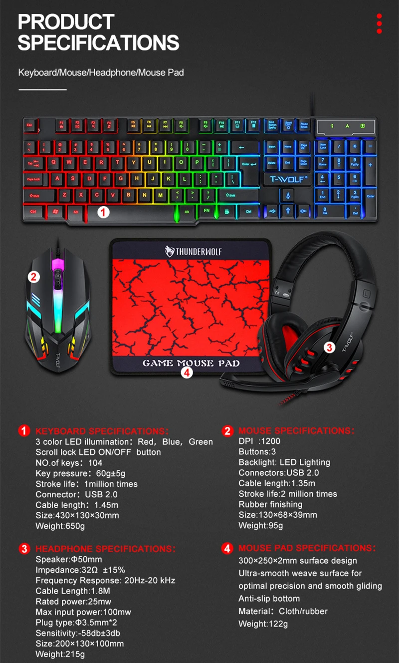Gaming Combo TF800 Wired PC Universal RGB 4 in 1 Gaming Combo Set Keyboard and Mouse Headphones Mouse Pad