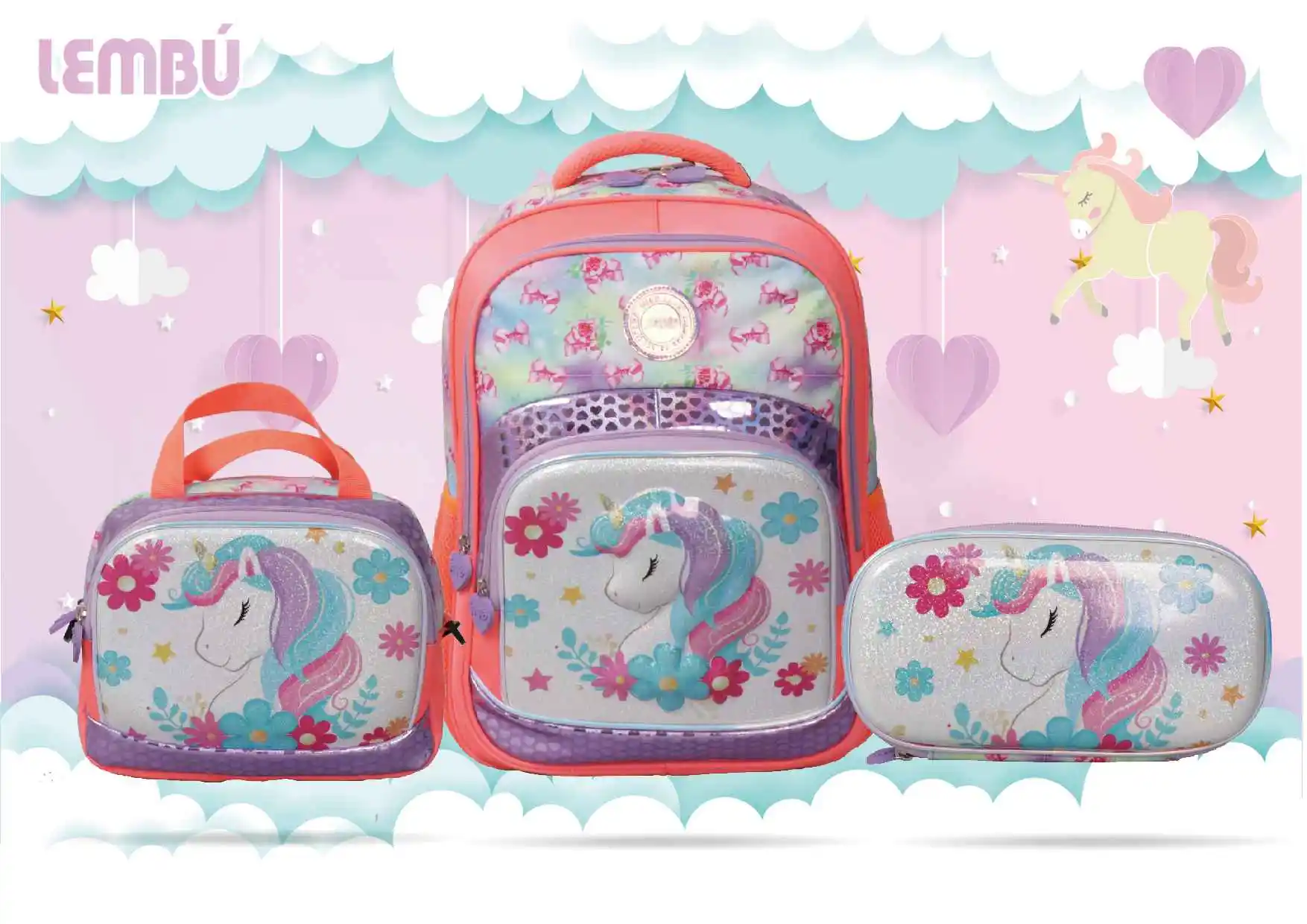 2020 Custom 3d Cartoon Unicorn Cute Girls and Boys Student Children Backpacks Sets Bagpack School Bag Kids with Lunch Bags