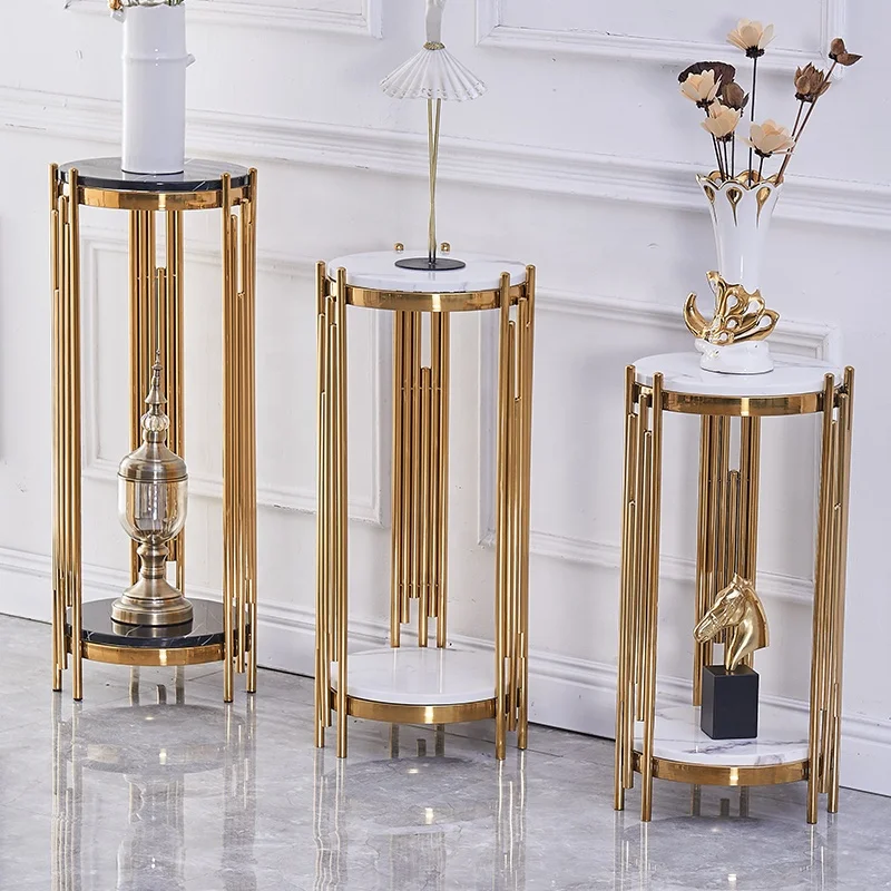 Hotel Modern Banquet Furniture Marble Top Gold Stainless Steel Round Wedding Cake Table Set for Events Flower Stand Side Table