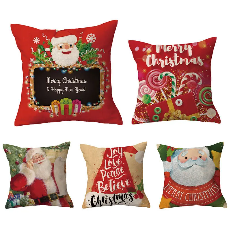 Custom Decorative Printed Linen Polyester Plush Square Throw Pillow Case Christmas Day Red Floor Cushion Covers  Pillow Cases