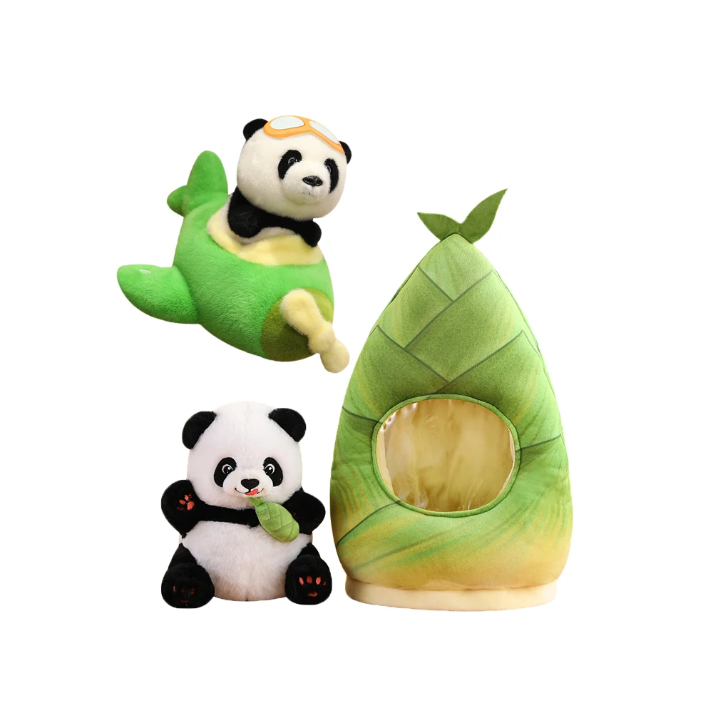 Educational Panda Stuffed Animal In Bamboo Home Chubby Plush Panda Bear Toy Seated Green Airplane Custom Style Personalized Logo