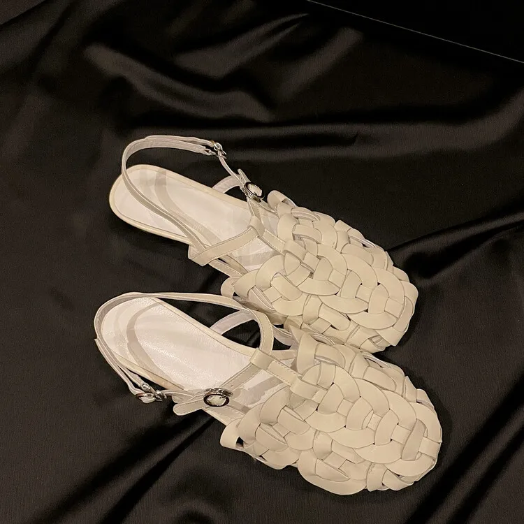 XINZI RAIN 2024 Summer Ladies Slide Sandal Round Toe Gold Pure Leather Slingbacks 3cm Heel Women Braided Sandals
