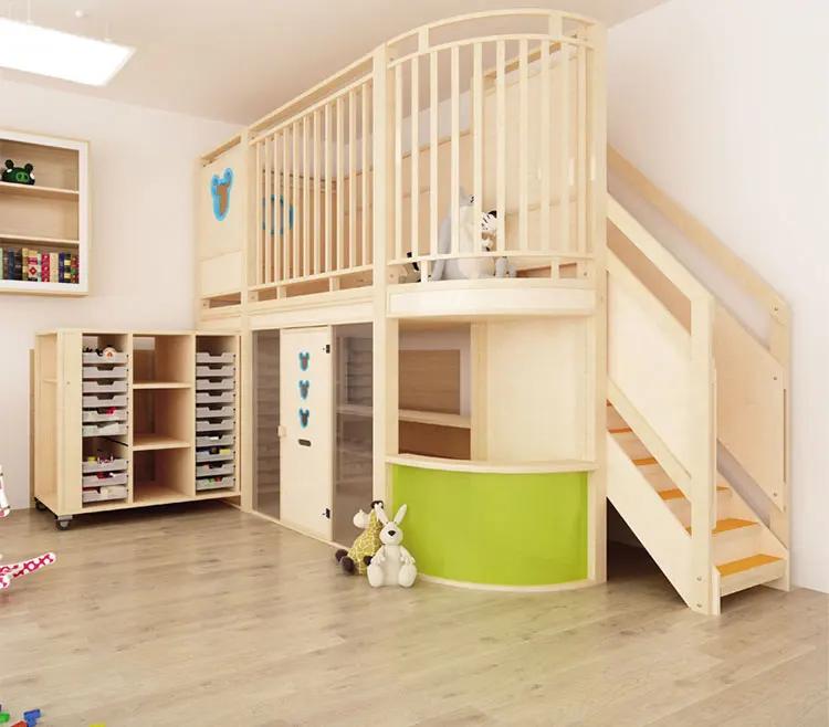 Moetry Singapore Hot Sale Preschool 2-Story Play Fort Low Loft Bed for Toddlers Kindergarten Play Furniture