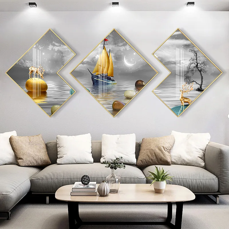 Luxury 3 Panels Aluminum Alloy Framed Painting Abstract Decorative Art Mountain Landscape Prints Crystal Porcelain Painting