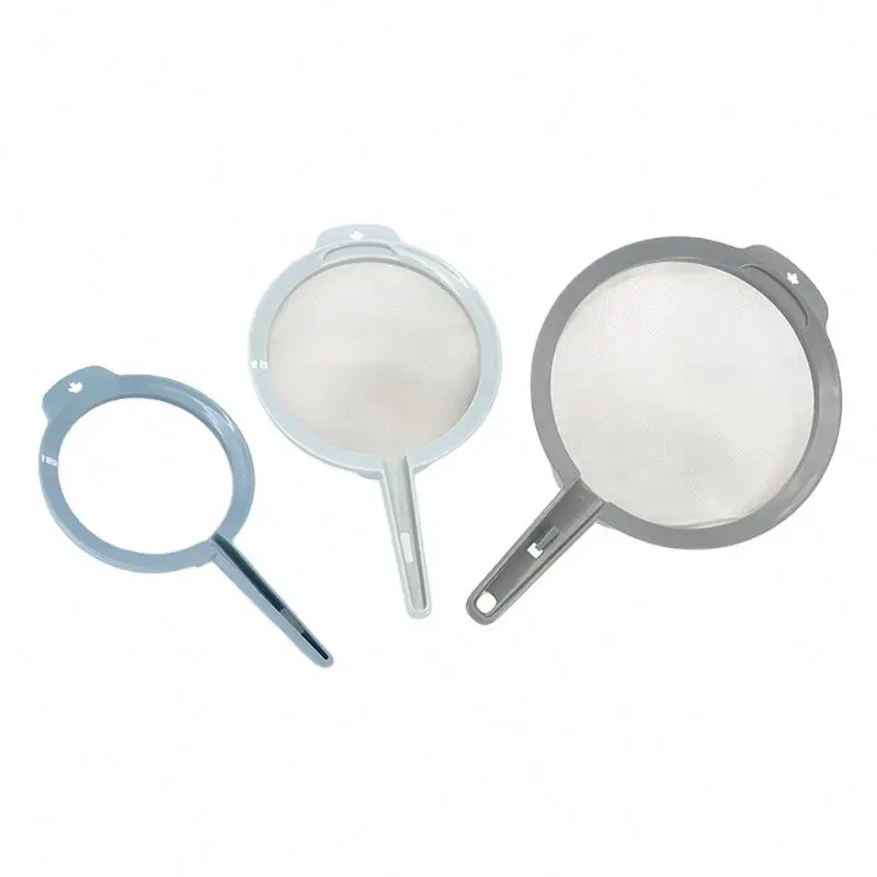 3 In 1 Kitchen Skimmer Baking Flour Sieve Food Grade fine mesh strainer-set with plastic handle.