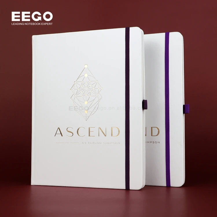 A4 Soft Leather Bound Journal Note Books Lined  8x11 Custom Gold Logo Personalised White Notebook With Elastic Band and Pen