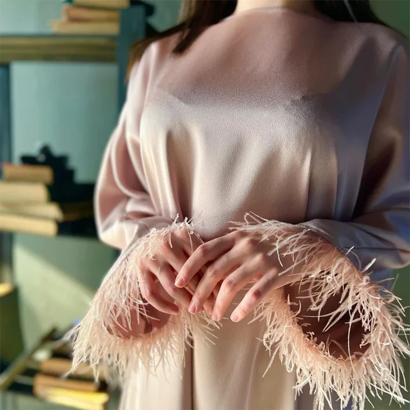 2023 Dubai Modesty  women abaya  set Top&Bottom Feather Hem Maxi Skirt Bodysuit Arabic dress matching muslim satin Black Abaya