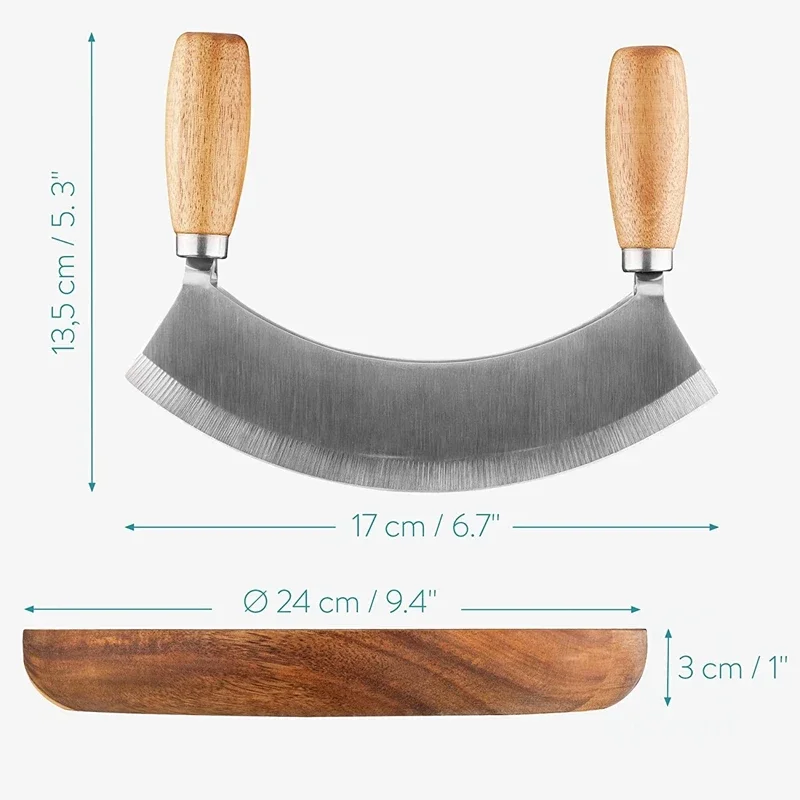 Mezzaluna Knife and Round Cutting Board Double Blade Chopping Knife Pizza Cutter Rocker Herb Cutting Board