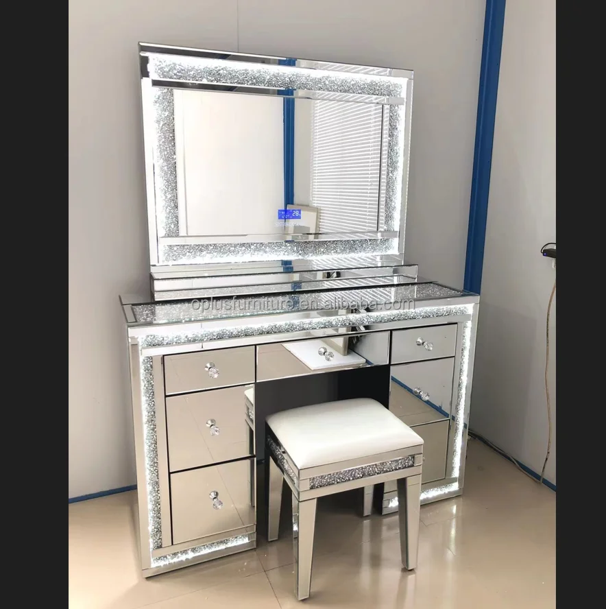 Muebles зеркало, новейший дизайн, современная спальня, кристальная светодиодная полоса, зеркало, раздавленные бриллианты, ящики, туалетный столик, набор