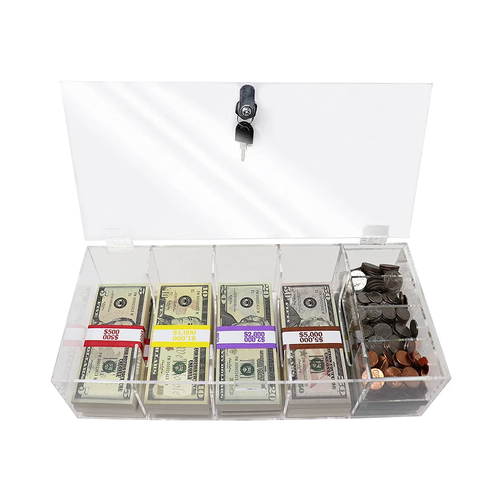 5 Compartment Acrylic Money Storage Box Locking Currency Tray Cash Organizer with Lockable Cover