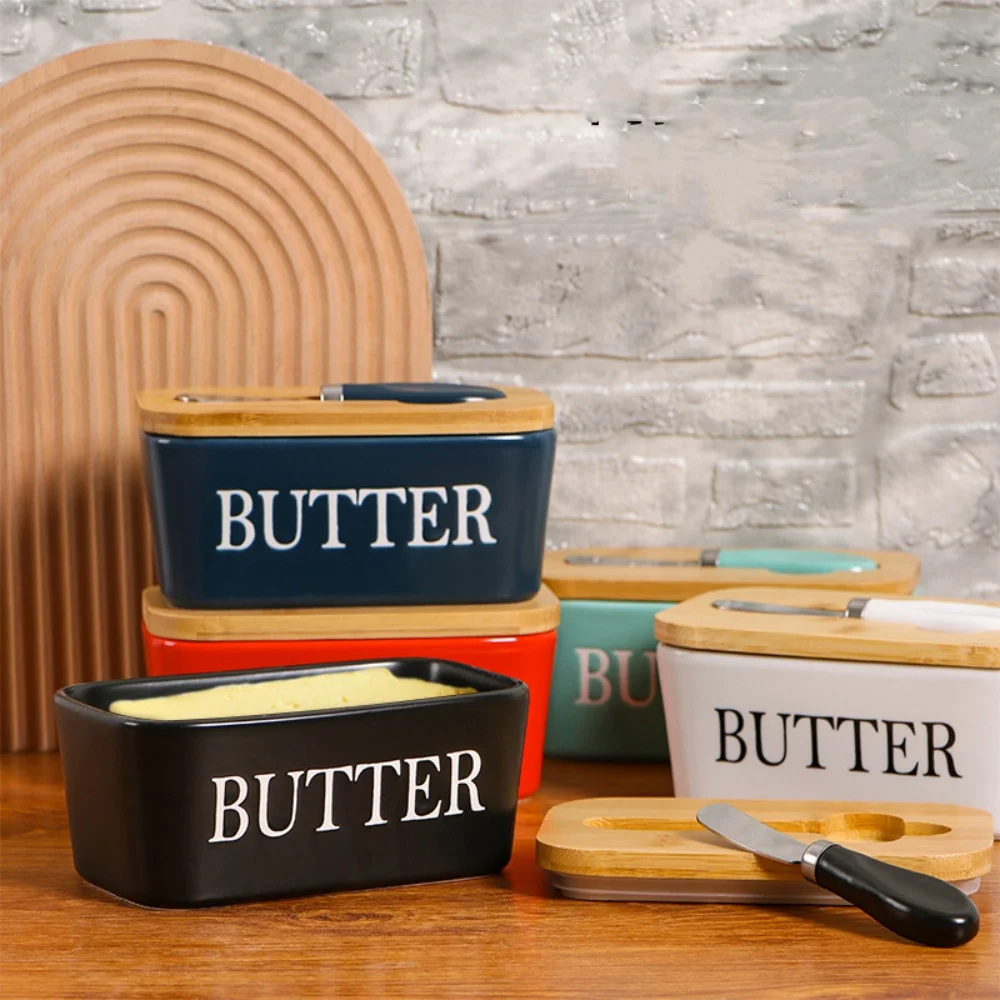 Ceramic Butter Dish With Bamboo Lid And Knife For Countertop, Double Silicone Seal, White Small Perfect Butter Keeper