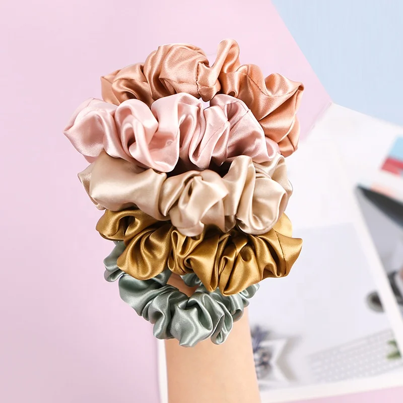2022 new style 100% silk big size oversize satin silk scrunchies custom satin material  color scrunchies