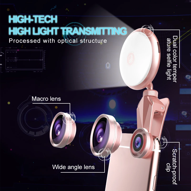 wholesale cell phone camera lens with led selfie light 3 in 1 mobile