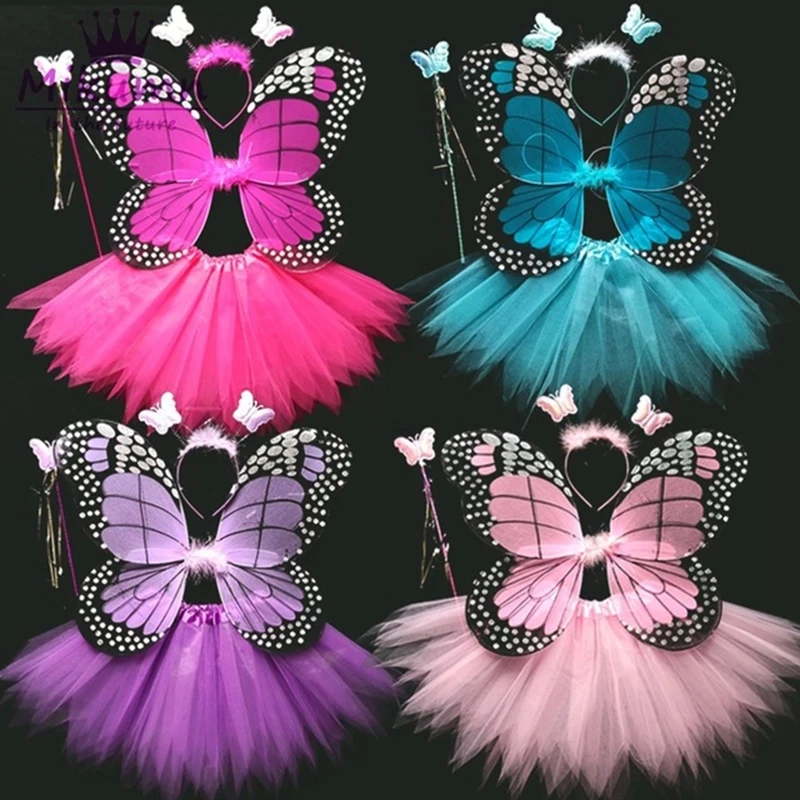 4 Piece Shining Butterfly Wing +Wand +Headband +Tutu Skirt Christmas Halloween Cosplay Costume For Girls Kids